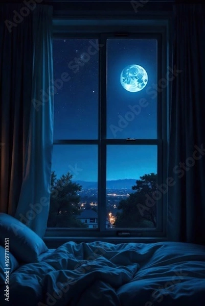 Fototapeta Dark, starlit night sky visible through a bedroom window, moonlight illuminating a portion of the ceiling Perfect for relaxation, sleep, and dreamscape themes , high angle, architecture