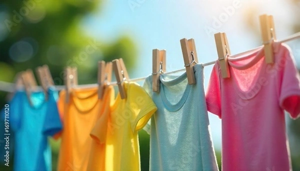Fototapeta Colorful clothes pegs clipped to a taut clothesline, drying laundry outdoors on a sunny day Perfect for spring, summer, and laundry-related projects , fabric, line, domestic