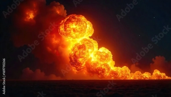 Fototapeta Intense fiery explosion, blazing fireball with bright orange and yellow flames against a dark night sky  Perfect for fantasy, sci-fi, or apocalyptic themes ,  heat,  devastation, fireball