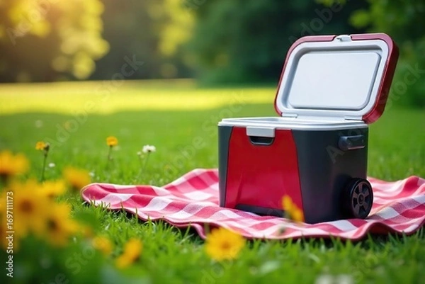 Fototapeta Sleek, modern electric cooler on a picnic blanket outdoors, surrounded by lush green grass and wildflowers Perfect for camping, tailgating, or a summer day in the park , cold, container