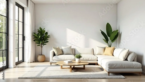 Fototapeta Serene minimalist living room interior  Neutral tones, clean lines, and natural light create a calm and peaceful atmosphere  Perfect for design blogs and home decor websites ,  gray,  scandi