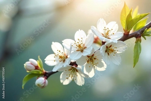 Fototapeta Delicate white spring blossoms on a branch, sunlight filtering through petals Fresh, pure, and vibrant, perfect for spring themes and nature imagery , bloom, macro