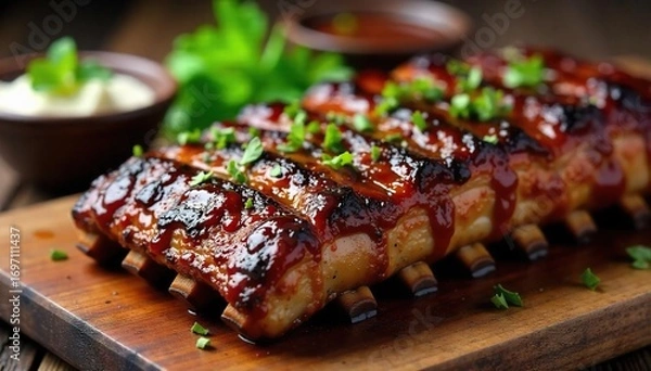 Fototapeta Close-up of succulent, fall-off-the-bone BBQ ribs, glistening with sauce, smoky and tender Served on a rustic wooden board with subtle side garnishes , spice, side dish