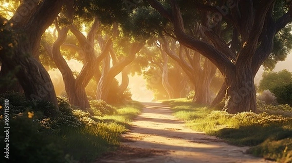 Fototapeta Magical forest arch glowing with sunlight high resolution picture