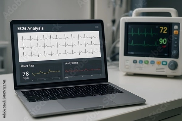 Fototapeta A laptop and medical monitor displaying vital signs, illustrating medical technology. 