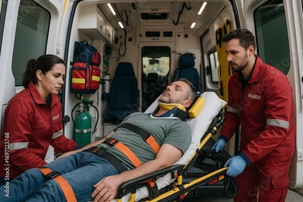 Fototapeta Paramedics transport a patient on a stretcher inside an ambulance.