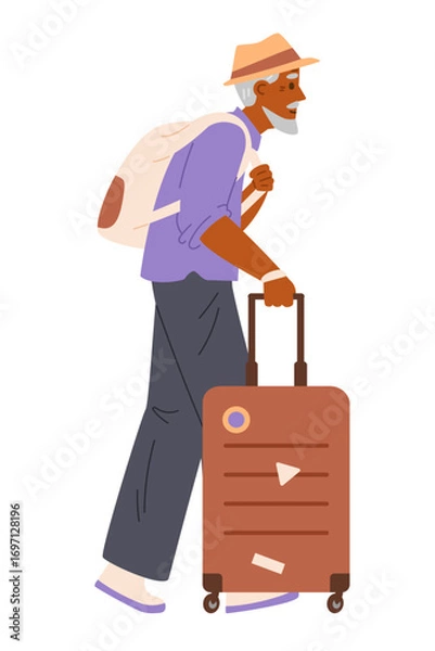 Fototapeta Senior African American man walking with a suitcase and a backpack flat vector illustration isolated on white.