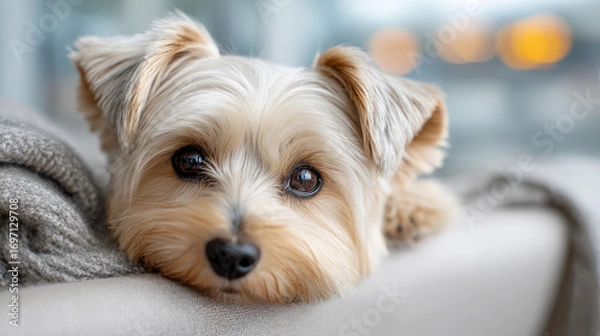 Obraz Charming close-up of a small dog relaxing in a soft carrier for travel and comfort