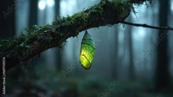 Obraz Enchanted forest: a luminous cocoon hangs suspended from a mossy branch