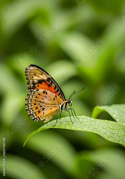 Fototapeta A close up of an orange and black butterfly on a leaf