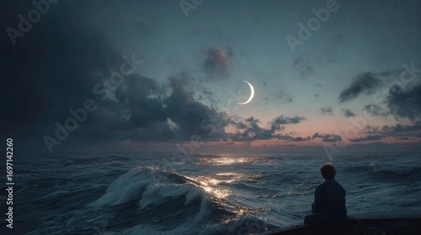 Obraz Contemplative Figure Gazing at Crescent Moon Over Ocean with Dramatic Clouds