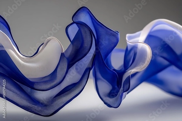 Fototapeta Flowing Blue and White Fabric Artistically Dancing Against a Soft Gray Backdrop.