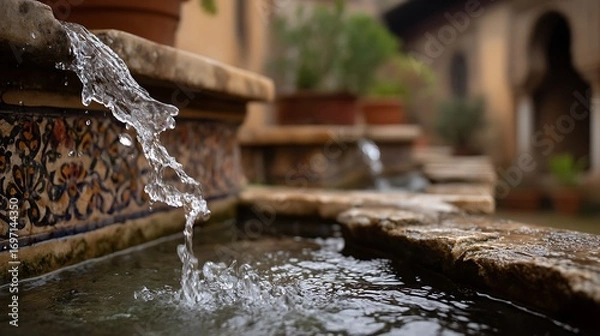 Fototapeta Flowing water fountain with ornate tilework in a serene Spanish courtyard.