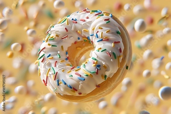 Fototapeta Flying Frosted Donut with Colorful Sprinkles with Dessert, and Food Background.