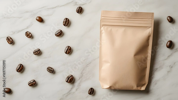 Obraz Coffee Beans and Bag on Marble Surface