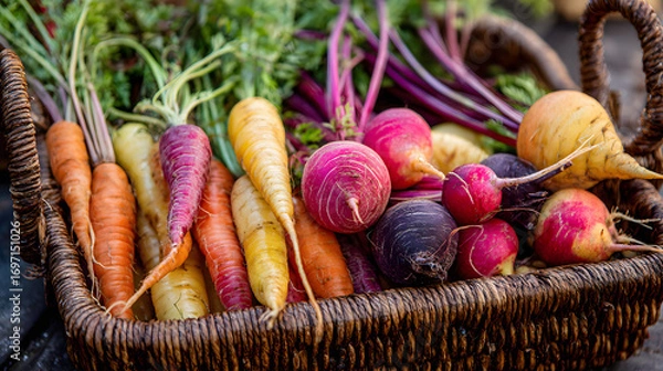 Obraz Colorful Variety of Fresh Carrots and Radishes in Basket