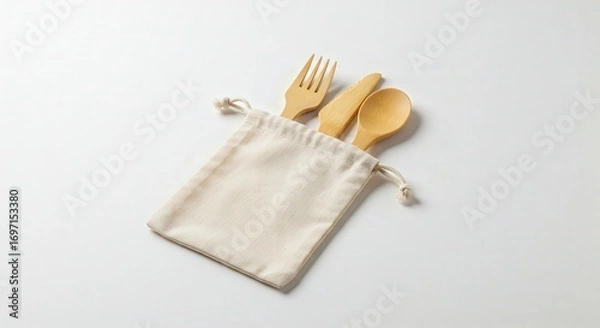 Fototapeta Wooden cutlery set with fork, spoon, and knife in fabric pouch  