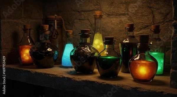 Fototapeta Assorted glass potion bottles glowing on stone shelf background  