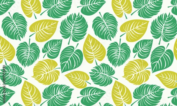 Fototapeta Seamless tropical pattern with hand-drawn Monstera deliciosa leaves, Exotic jungle background in a modern block print style, Vector botanical illustration with green and yellow philodendron plants