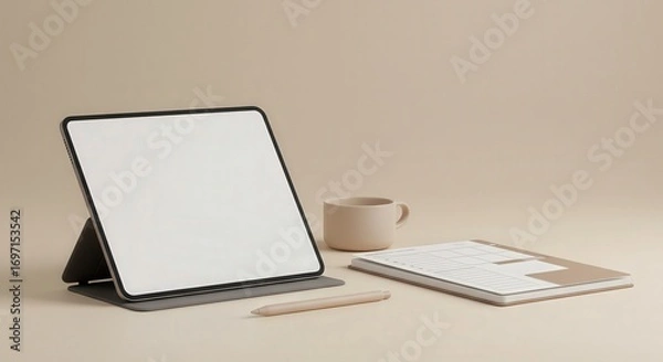 Fototapeta Minimal workspace with tablet, notebook, pencil, and coffee cup  
