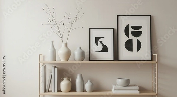 Fototapeta Minimalist shelf display with modern vases and abstract art prints  