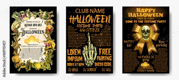 Fototapeta Halloween costume party invitation and greeting card set, flyer, banner, poster templates. Hand drawn skull and bones elements and handwritten ink lettering. Lot of space for text. Vector.