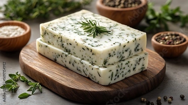 Fototapeta Fresh Herb Cheese Blocks on Wooden Board with Culinary Delight, CloseUp, and Grey Background.