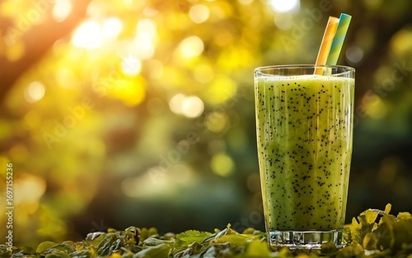Fototapeta Fresh Kiwi Smoothie in Sunlight with Healthy Drink, Summer Beverage, and Nature Background.