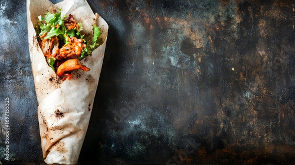 Obraz Wrap with Vegetables and Meat on Dark Surface