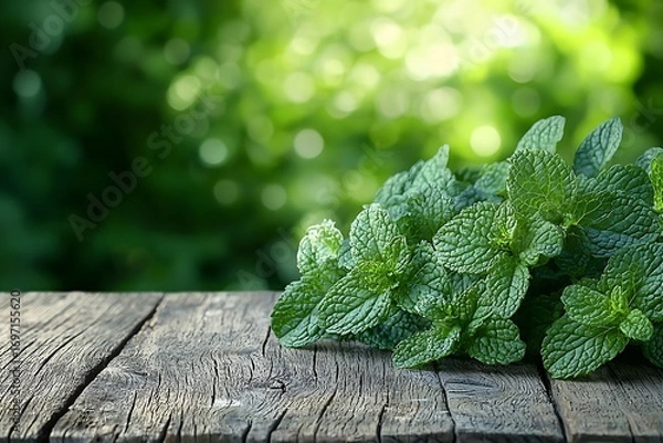 Fototapeta Fresh Mint Leaves on Rustic Wood Table Against Lush Green Bokeh Background.