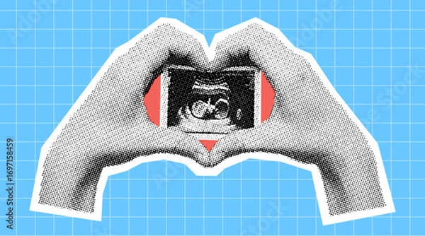Fototapeta hands forming a heart shape with an ultrasound fetus scan in retro halftone style illustration