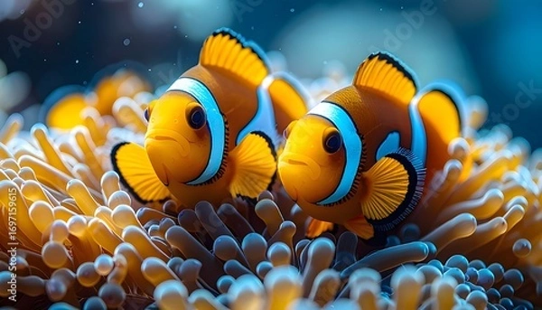 Fototapeta A Pair of Adorable Clownfish Nestled Within a Vibrant Coral Reef