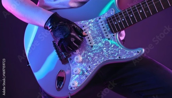 Obraz Musician with a gloved hand passionately playing a solo on a vibrant electric guitar