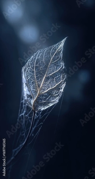 Obraz A delicate, translucent leaf,  silhouetted against a dark, ethereal background