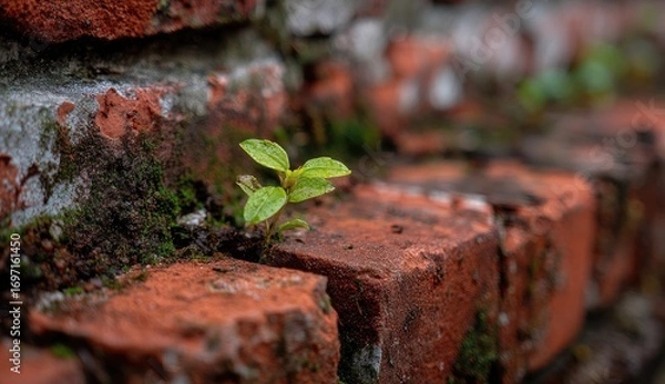 Obraz A tiny sprout emerges from a weathered brick wall