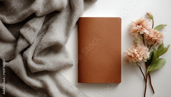 Obraz A light brown notebook sits on a white surface, beside a draped gray wool blanket and a cluster of light peach flowers