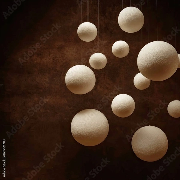 Obraz Floating spheres, cream colored, against dark brown background