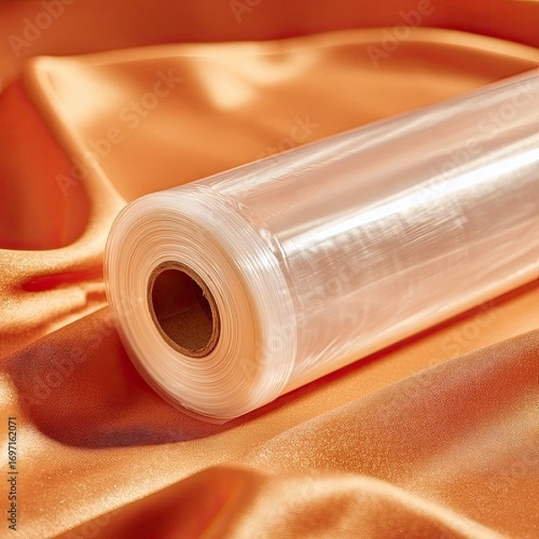Obraz Rolled plastic wrap on an orange satin surface