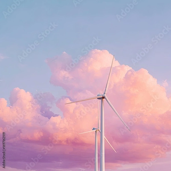 Obraz Two wind turbines stand tall against a pastel pink and purple sky filled with fluffy clouds