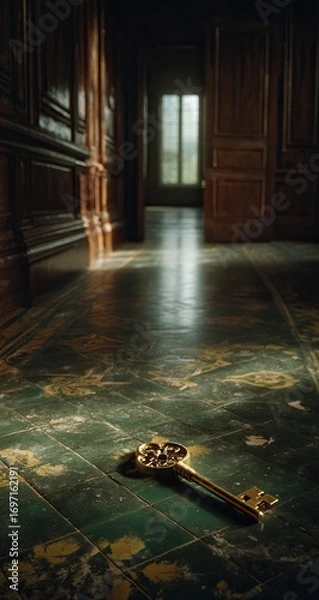 Obraz Antique golden key on aged green floor, in a dimly lit hallway of a grand, abandoned house.  Sunlight streams from an open doorway