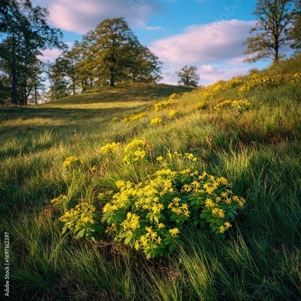 Obraz Gentle hillside, yellow wildflowers, dappled light,  and towering trees