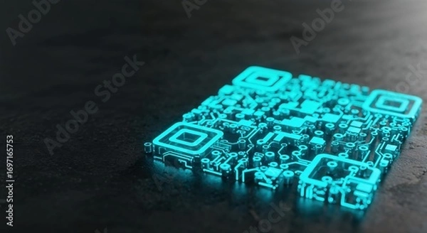 Fototapeta A glowing cyan circuit board style QR code rests on a dark textured surface, angled with ample copy space, representing modern digital technology and connectivity.