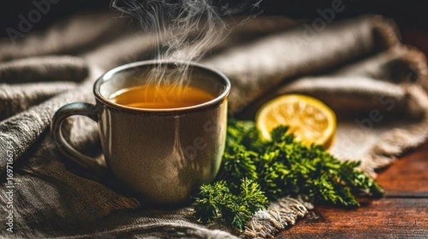 Fototapeta Steaming mug of tea with lemon and herbs on rustic cloth and wooden table