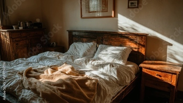 Fototapeta Sunlight streams onto rumpled bedding atop a wooden frame in a warm room