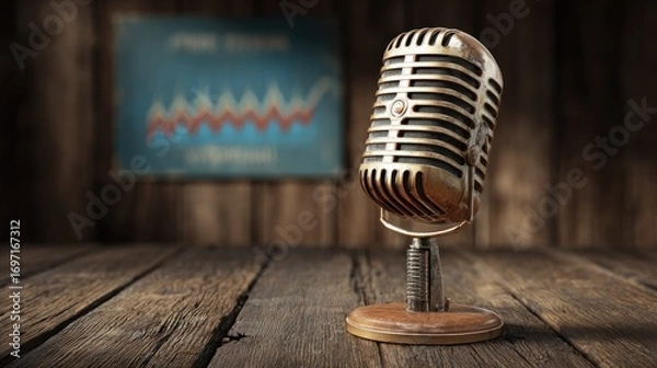 Fototapeta Vintage microphone on rustic wood, blurred abstract art backdrop