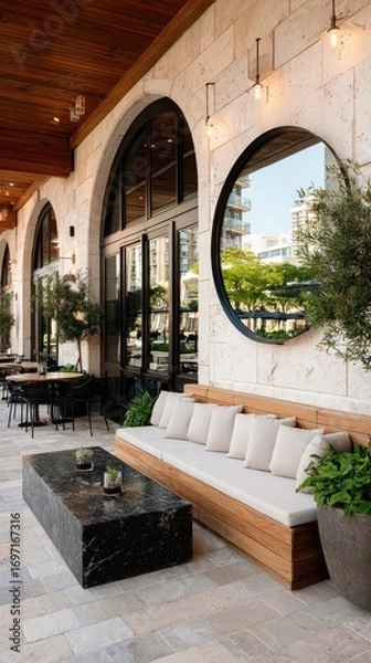 Fototapeta Upscale outdoor lounge area with stone walls, modern seating, and arched windows