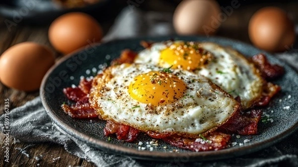 Fototapeta Two fried eggs atop crispy bacon on a dark plate. Wooden background