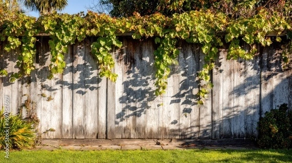 Fototapeta Weathered wooden fence covered with green ivy, sunlight filtering through