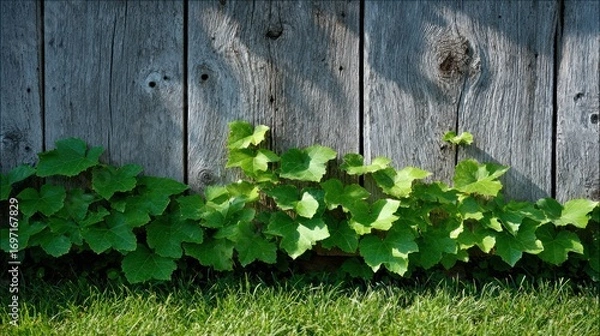 Fototapeta Vines climbing a weathered wooden fence in sunlight with grass foreground