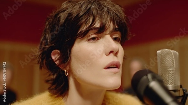 Fototapeta Woman sings into microphone, others blurry in background, warm recording studio